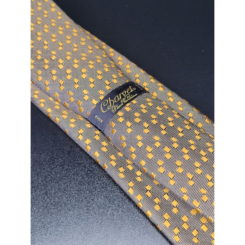 Charvet Necktie Grey Gold Geometric Diamond Silk Place Vendome Excellent